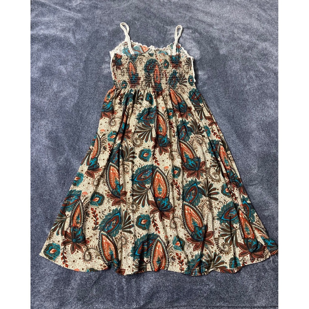 Boho Rustic Cottagecore Paisley Crochet Bodice Smocked Midi Summer Dress - Picture 4 of 7